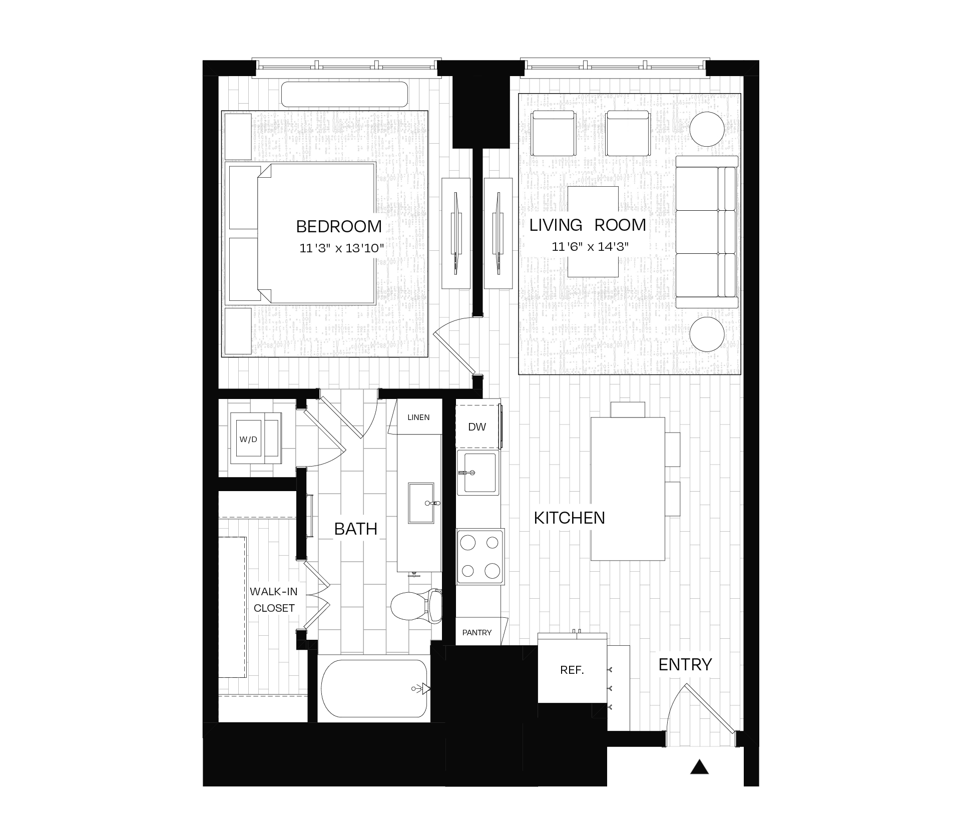 Floor plan for 1 bed, 1 bath, 732 sqft